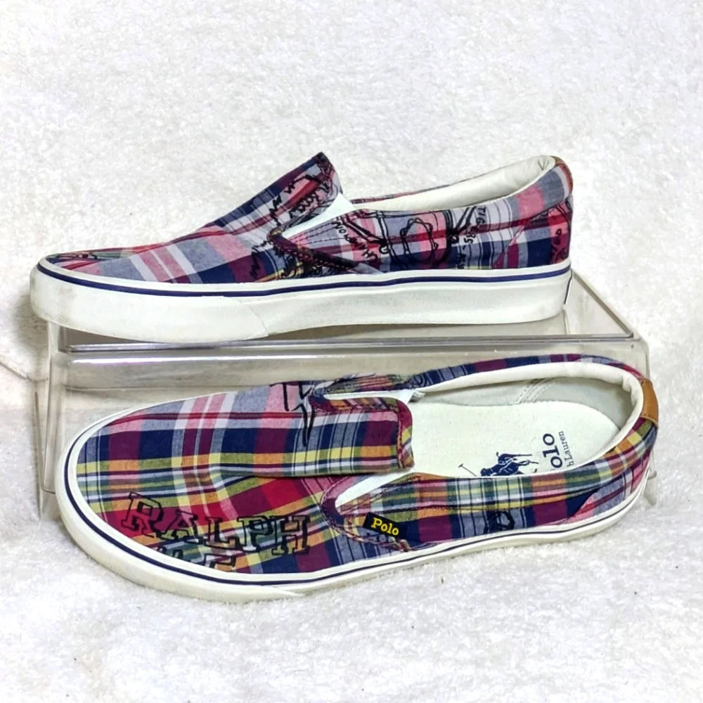 Polo Ralph Lauren Keaton Slip-On Madras Plaid Crest Overprint Sneakers Size 9.5‎